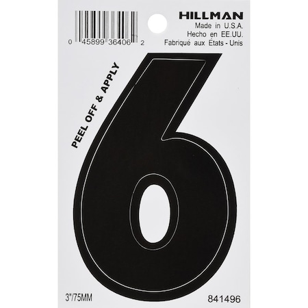 Hillman 3 in. Black Vinyl Self-Adhesive Number 6 1 pc 841496